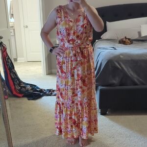 Lush Floral V-Neck Tie-Waist Maxi Dress